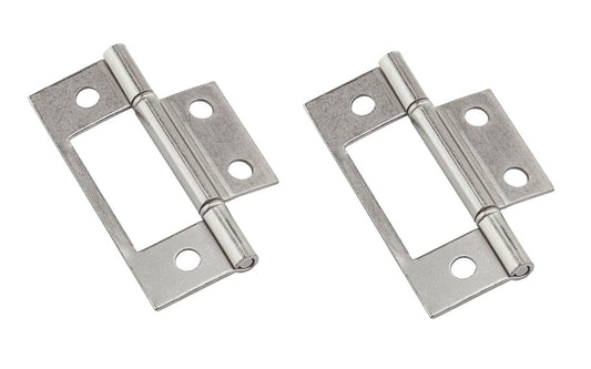 3" Satin Nickel Surface Mount Hinges ~ 2 Pack. These non mortise hinges are designed for use on bi-fold doors at least 1" thick. Non-removable tight, non-rising pin. Surface mount, mortising is not required. Sold as 2 hinges in pack. National Hardware Model No. N830-433. 886780020366