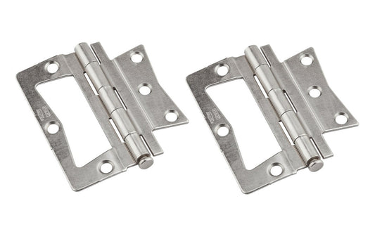3-1/2" Satin Nickel Surface Mount Hinges - 2 Pack. These non mortise hinges are designed for use on bi-fold doors. Non-removable tight, non-rising pin. Surface mount, mortising is not required. Sold as 2 hinges in pack. National Hardware Model No. N830-437. 886780020403
