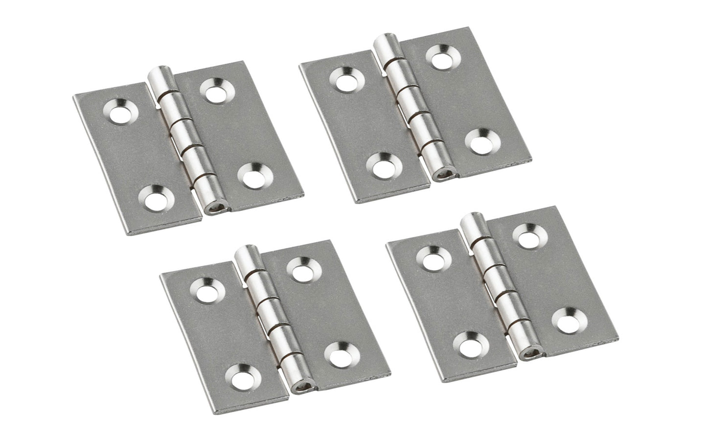 1" x 1" Satin Nickel Hinges ~ 4 Pack ~ These miniature hinges are designed to add a decorative appearance to small chests, jewelry boxes, craft projects, etc. Made of steel material with a satin nickel finish. 1" high x 1" wide. Surface mount. Non-removable pin. Sold as 4 hinges in pack. National Hardware Model No. N211-013. 886780014211. 4 Pack