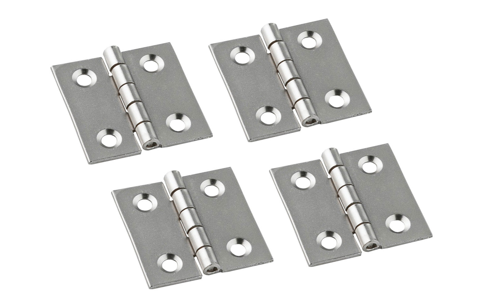 1" x 1" Satin Nickel Hinges ~ 4 Pack ~ These miniature hinges are designed to add a decorative appearance to small chests, jewelry boxes, craft projects, etc. Made of steel material with a satin nickel finish. 1" high x 1" wide. Surface mount. Non-removable pin. Sold as 4 hinges in pack. National Hardware Model No. N211-013. 886780014211. 4 Pack