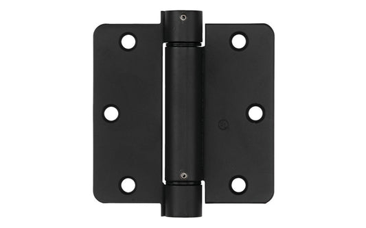 This 3-1/2" Oil Rubbed Bronze Finish Spring Hinge is designed for hanging self-closing doors in basements, stairways, garages, & entrances, etc. Can be used in residential, commercial, & apartment buildings. Hinge is UL approved for fire doors. Closing speed is adjustable. Fits standard hinge cutout. 1/4" radius, round corner automatic door-closing spring hinge. Satin Nickel Finish on cold-rolled steel material. Sold as a single hinge in pack.  National Hardware Model No. N350-827.