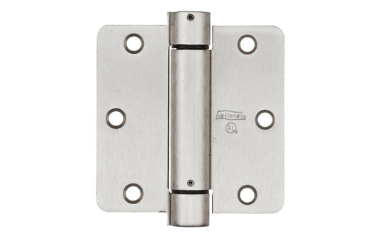 This 3-1/2" Satin Nickel Finish Spring Hinge is designed for hanging self-closing doors in basements, stairways, garages, & entrances, etc. Can be used in residential, commercial, & apartment buildings. Hinge is UL approved for fire doors. Closing speed is adjustable. Fits standard hinge cutout. 1/4" radius, round corner automatic door-closing spring hinge. Sold as a single hinge in pack.  National Hardware Model No. N350-835.