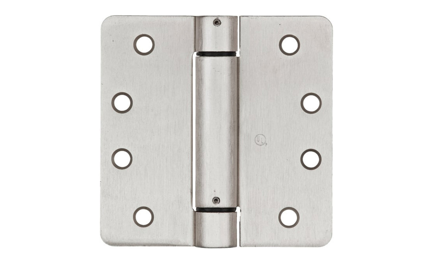 This 4" Satin Nickel Finish Spring Hinge is designed for hanging self-closing doors in basements, stairways, garages, & entrances, etc. Can be used in residential, commercial, & apartment buildings. Hinge is UL approved for fire doors. Closing speed is adjustable. Fits standard hinge cutout. 1/4" radius, round corner automatic door-closing spring hinge. Sold as a single hinge in pack.  National Hardware Model No. N350-868.