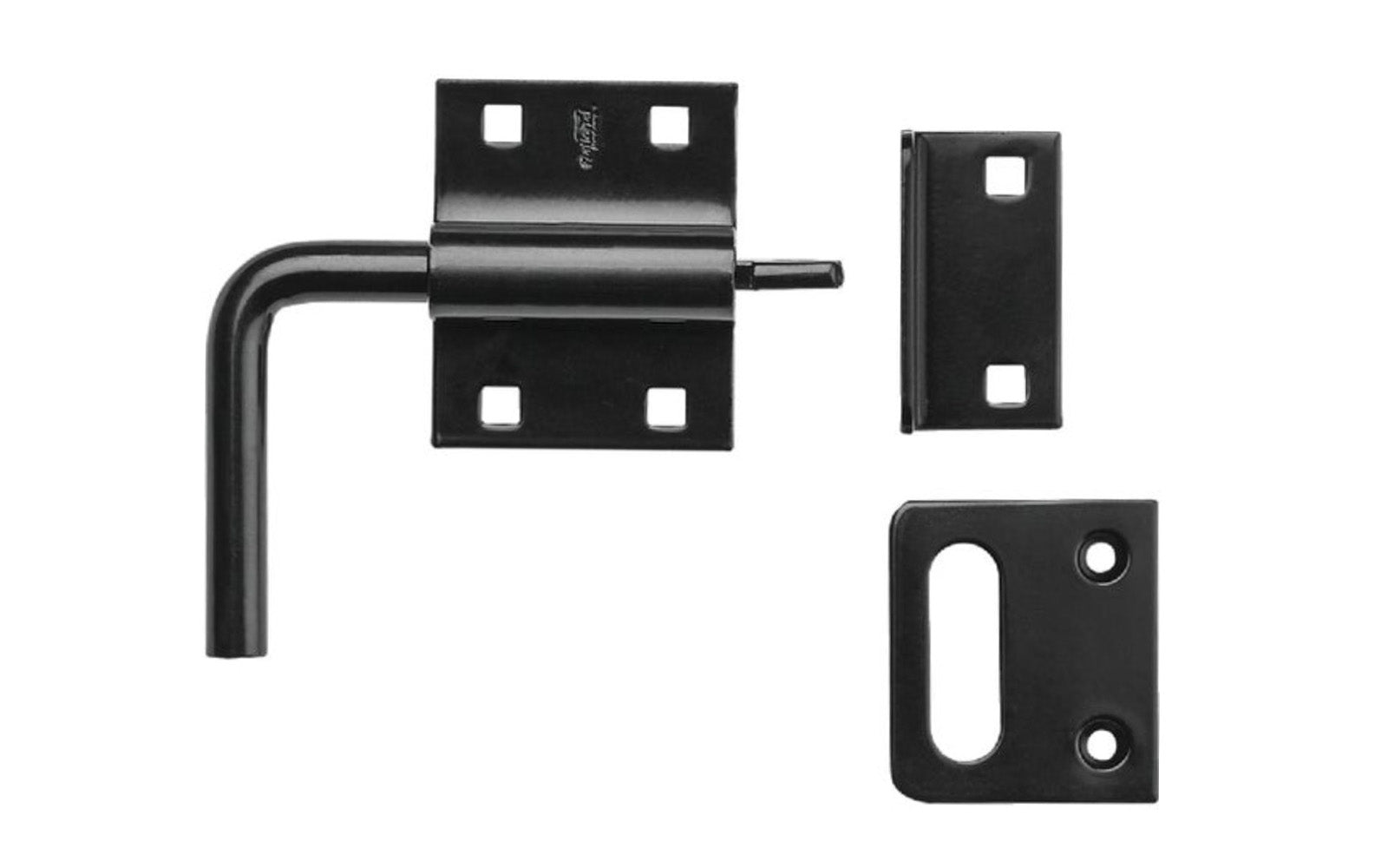 Black Finish Sliding Bolt Latch is designed for left or right hand swinging or sliding doors & gates. Includes surface mount & 90 degree strike plate option. Can be padlocked for added security. National Hardware Catalog Model No. N100-056. 886780017441