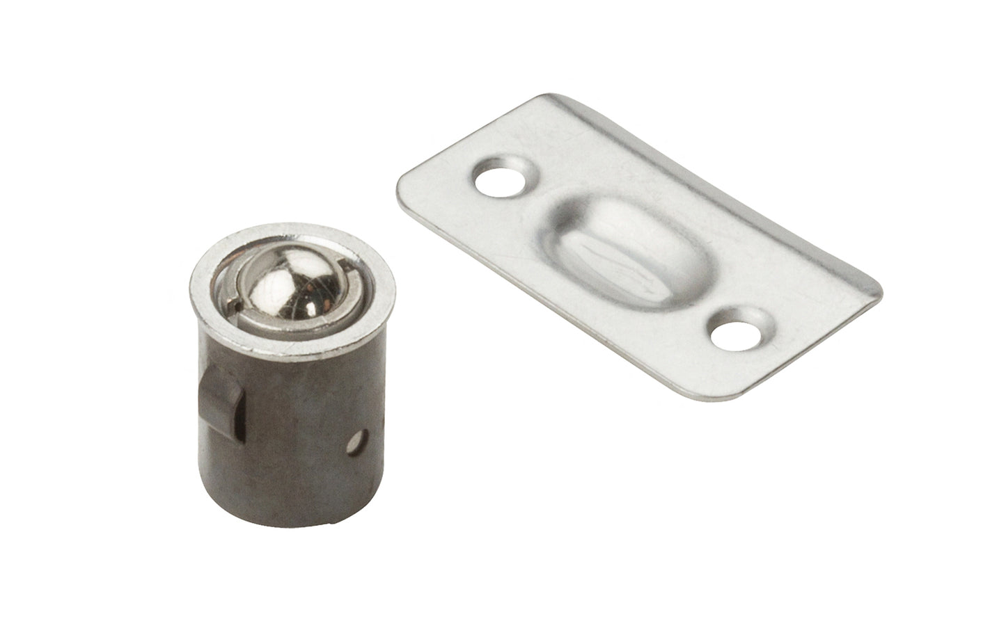 These Drive-In Ball Catches are for use in wood, metal closet or cabinet doors. Adjustable tension. Includes fasteners for quick & easy installation. Steel material. Made by National Hardware Mfg. Satin Chrome Finish