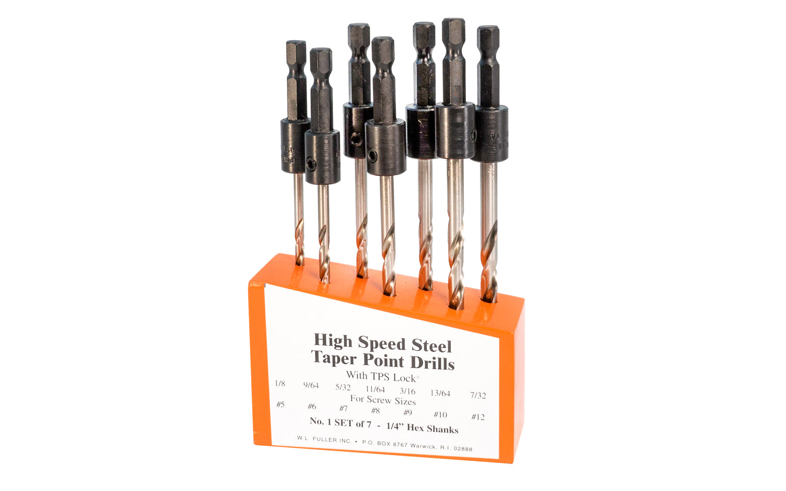 Made in USA · 7-piece HSS taper point bit set quick change - WL Fuller Drill Bit Set - Model No. 20149501 - Wood block holder - High speed steel ~ Sizes 1/8", 9/64", 5/32", 11/64", 3/16", 13/64", & 7/32" tapered drill bits ~ For hard & softwoods, & plastics ~ 1/4" ball hex shank quick change. 807200051357. TPS lock