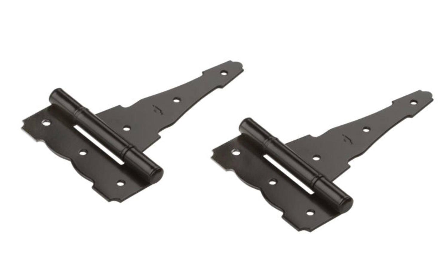 Black Finish Ornamental Reversible T-Hinges - 2 Pack. Heavy-duty for extra strength, for full surface applications. Designed for gates, doors, cabinets, & sheds. Bearing design eliminates metal to metal contact for smooth, quiet operation. Decorative design. National Hardware Catalog Model No. N881-912. 038613881914