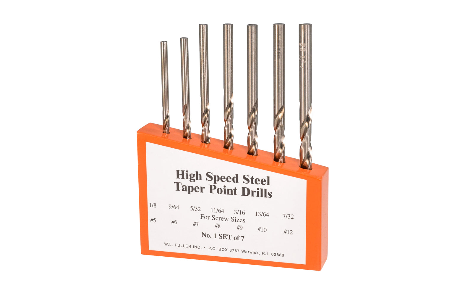 Made in USA · 7-piece HSS taper point bit set - WL Fuller Drill Bit Set - Model No. 20190501 - Includes wood block holder - High speed steel ~ Includes size 1/8", 9/64", 5/32", 11/64", 3/16", 13/64", & 7/32" tapered drill bits ~ For hard & softwoods, & plastics ~ Quality American-made drill bit. 807200051357. No. 1 Set