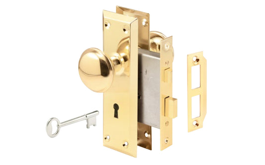 A basic mortise privacy lockset & skeleton keys with a lacquered brass finish on steel material & hollow core steel knobs. Includes lock body, two knobs, threaded spindle, two escutcheon trim plates, strike, screws, & two skeleton keys. Not designed for exterior use.  Defender Security Model E 2293. 049793022936
