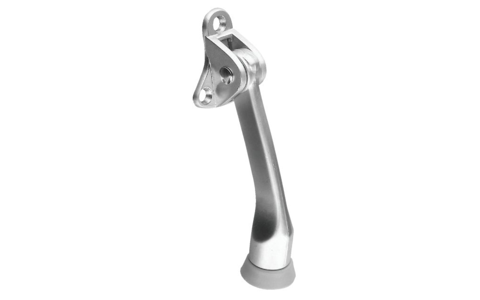 4" Kickdown Door Holder. Used to prevent damage to the wall, the stop locks in the up position to allow the door to open freely. The ribbed rubber foot is for positive holding. Spring design holds the stop in the up position. Die-cast Zinc body. Made by National Hardware. Satin Chrome Finish