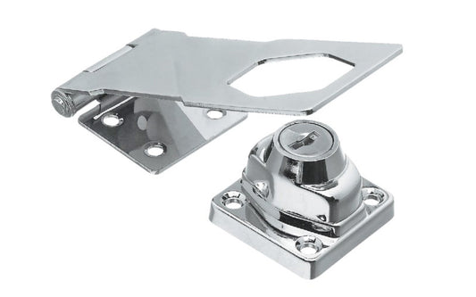 This 4-1/2" chrome keyed hasp is for securing & locking a wide variety of doors, cabinets, boxes, trunks. For indoor or outdoor use. Self-contained lock eliminates need for padlock. Screws covered when locked. Heavy steel construction with a chrome plating. Available in keyed alike or keyed different configuration. 