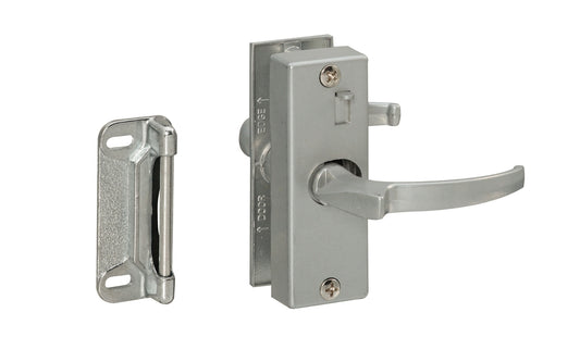 This Screen / Storm Door Latch is for a wood screen or combination storm doors. Self-latching with spring loaded strike latch is furnished with break off screws. Latch is constructed from die cast metal. National Hardware Model No. N107-797. For door thickness of 7/8" to 1-3/8"