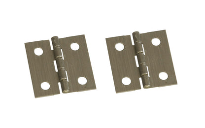 1" x 1" Antique Brass Hinges ~ 2 Pack ~ Antique brass hinges are designed to add a decorative appearance to small boxes, jewelry boxes, small lightweight cabinet doors, craft projects, etc. Made of solid brass material with an antique brass finish. 1" high x 1" wide. Surface mount. Non-removable pin. Pair of hinges. National Hardware Model No. N211-342. 