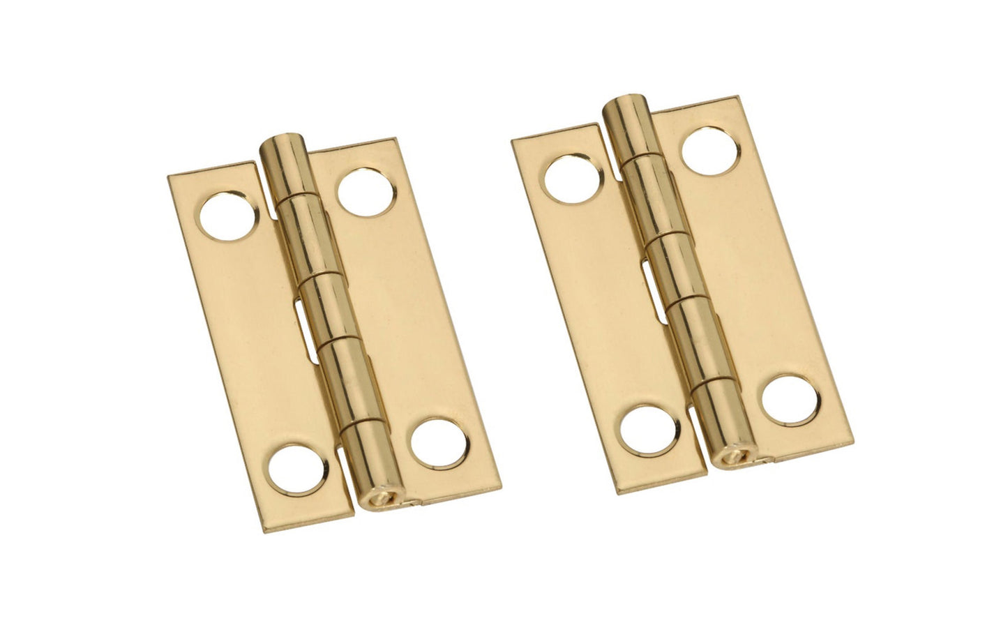 1-1/2" x 7/8" Solid Brass Hinges ~ 2 Pack ~These solid brass hinges add a decorative appearance to small boxes, jewelry boxes, small lightweight cabinet doors, craft projects, etc. Made of solid brass material with a bright brass finish. 1-1/2" high x 7/8" wide. Surface mount. Non-removable pin. Pair of hinges. National Hardware Model No. N211-219. 