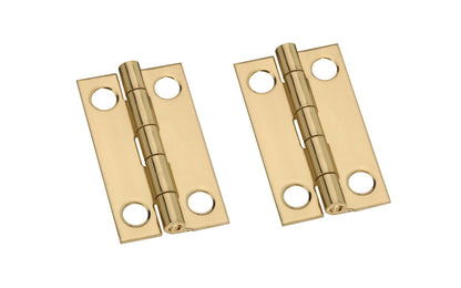 1-1/2" x 7/8" Solid Brass Hinges ~ 2 Pack ~These solid brass hinges add a decorative appearance to small boxes, jewelry boxes, small lightweight cabinet doors, craft projects, etc. Made of solid brass material with a bright brass finish. 1-1/2" high x 7/8" wide. Surface mount. Non-removable pin. Pair of hinges. National Hardware Model No. N211-219. 