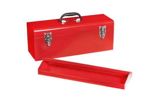20" toolbox has rugged steel tray & comfort grip handle. Two drawbolts with padlock eye locks. All steel construction. 20" length x 7.5" high x 7" depth. 6.8 Lb. weight. Includes rugged steel tray. Durable red powder paint with hammertone finish. Model 398624. 09326323916