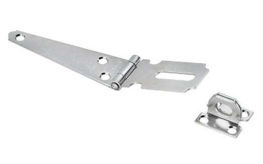 This 4" zinc-plated safety hasp is designed for regular or around-the-corner applications Three offset screw holes for added strength. Includes a rigid, non-swivel staple. Made of steel material with a zinc plated finish. National Hardware Model N129-627. 038613129627. Plated to prevent corrosion.