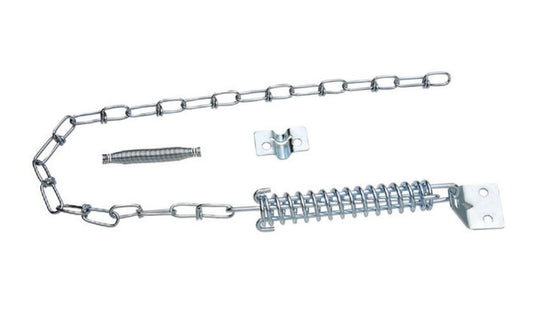 Screen & Storm Door Stop Spring Chain. Steel brackets & chain; spring steel. Zinc-plated finish. Designed to absorb shock, preventing wind damage to screen & storm doors & door closers. National Hardware Catalog Model No. N162-024. 038613162020