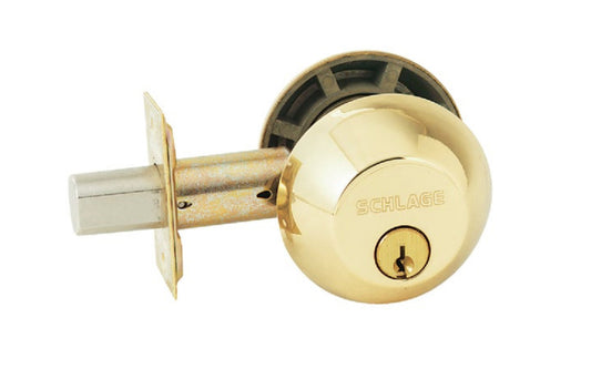 Schlage Double Cylinder Deadbolt. B-series double cylinder deadbolt for exterior doors. Grade 1 security. Features Snap-And-Stay hands-free installation. Deadbolt locked or unlocked by key from exterior or interior. Bright Brass