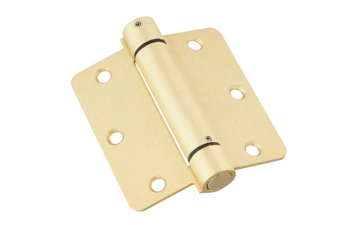 This 3-1/2" Brass Finish Spring Hinge is designed for hanging self-closing doors in basements, stairways, garages, & entrances, etc. Can be used in residential, commercial, & apartment buildings. Hinge is UL approved for fire doors. Closing speed is adjustable. Fits standard hinge cutout. 1/4" radius, round corner automatic door-closing spring hinge. Satin Nickel Finish on cold-rolled steel material. Sold as a single hinge in pack.  National Hardware Model No. N185-199.