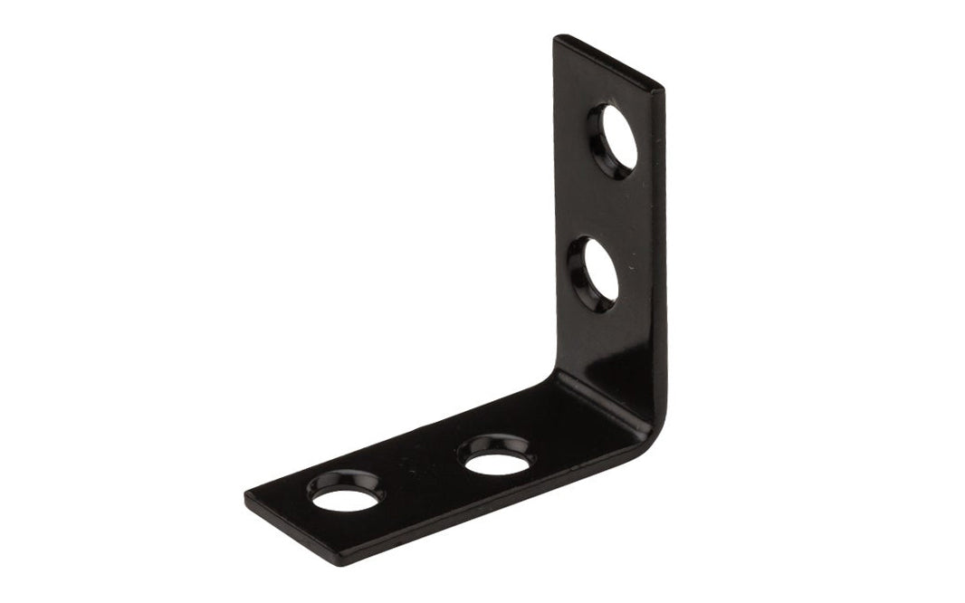 1-1/2" x 5/8" Black Finish Corner Brace ~ This Brace is designed for furniture, countertops, shelving support, chests, cabinets. Great for repair of many items & other home, workshop, & industrial applications. Made of steel material with a black finish. Single corner brace. National Hardware Model No. N226-480. 886780014549