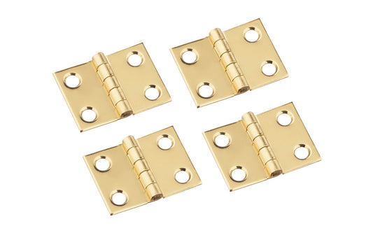 These solid brass hinges are designed to add a decorative appearance to small boxes, jewelry boxes, small lightweight cabinet doors, craft projects, etc. Made of solid brass material with a bright brass finish. 3/4" high x 1" wide. Surface mount. Non-removable pin. Four hinges. National Hardware Model No. N211-326. 
