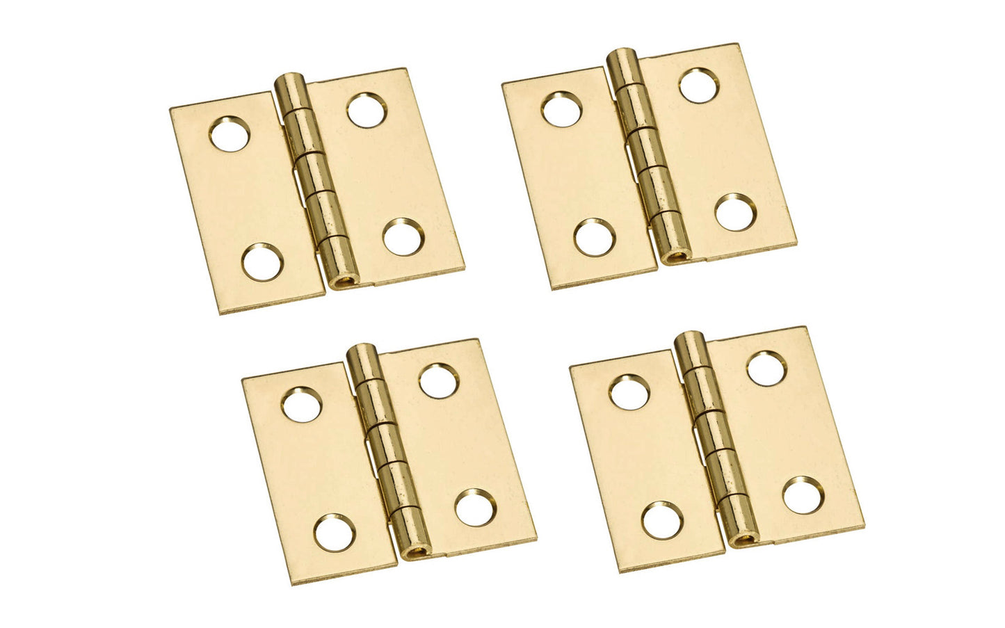 1" x 1" Solid Brass Hinges ~ 4 Pack ~ These solid brass hinges are designed to add a decorative appearance to small boxes, jewelry boxes, small lightweight cabinet doors, craft projects, etc. Made of solid brass material with a bright brass finish. 1" high x 1" wide. Surface mount. Non-removable pin. Four hinges. National Hardware Model No. N211-334. 