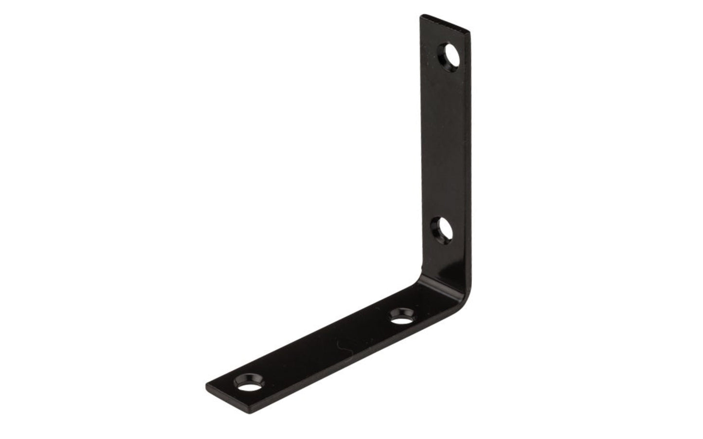 This 3-1/2" x 3/4" Black Finish Corner Brace is designed for furniture, countertops, shelving support, chests, cabinets, etc. For use in home, workshop, & industrial applications. Made of steel material with a black finish. Sold as a single corner iron. Screws not included. National Hardware Model No. N226-484.