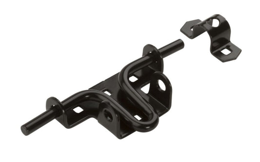 Black Finish Sliding Bolt Latch. Designed for doors & gates swinging in or out. Easy operating, handle serves as a pull. Latches right or left. May be padlocked. Case & strike are manufactured from cold-rolled steel. National Hardware Catalog Model No. N165-506. 038613165502