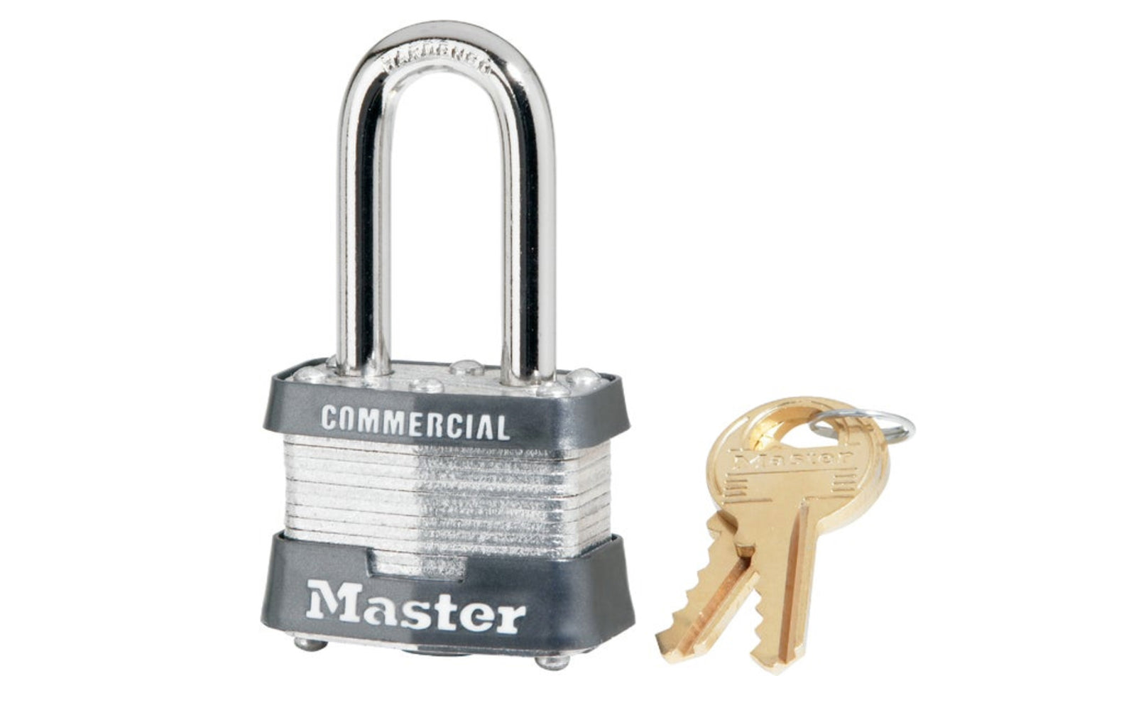 Master Lock 1-3/4" Commerical Padlock - Keyed Alike. 1-3/4" wide 4-pin tumbler. Tough, laminated cadmium rustproofed steel case with case-hardened steel shackle. Shackle diameter 5/16".