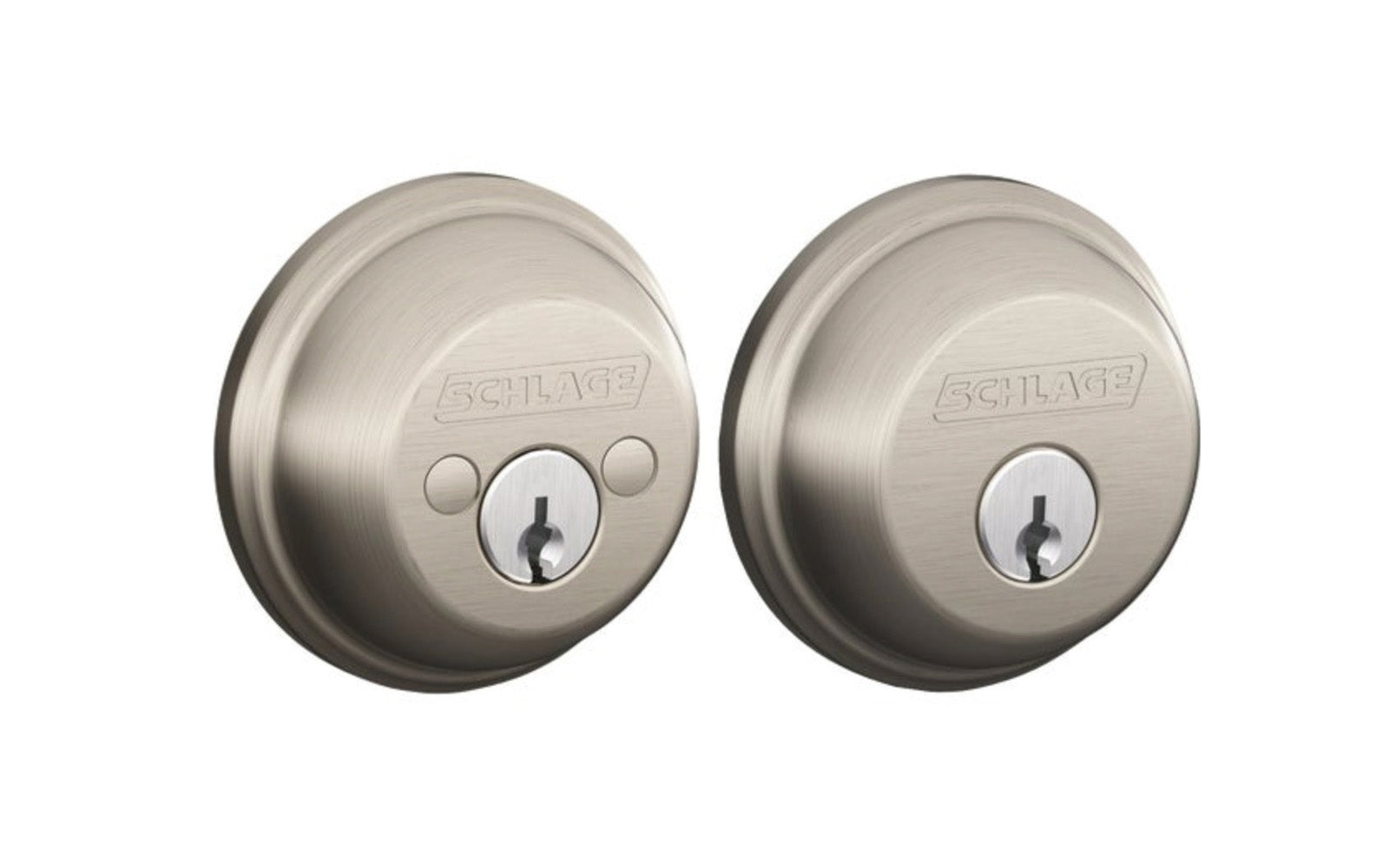 Schlage Double Cylinder Deadbolt. B-series double cylinder deadbolt for exterior doors. Grade 1 security. Features Snap-And-Stay hands-free installation. Deadbolt locked or unlocked by key from exterior or interior. Satin Nickel