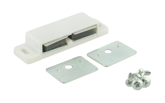 KasaWare White Double Magnetic Catches in a plastic housing. Sold as 2 pack. 843512068263. Model KFCMD-A-WH2. KasaWare White Double Magnetic Catch - 2 Pack