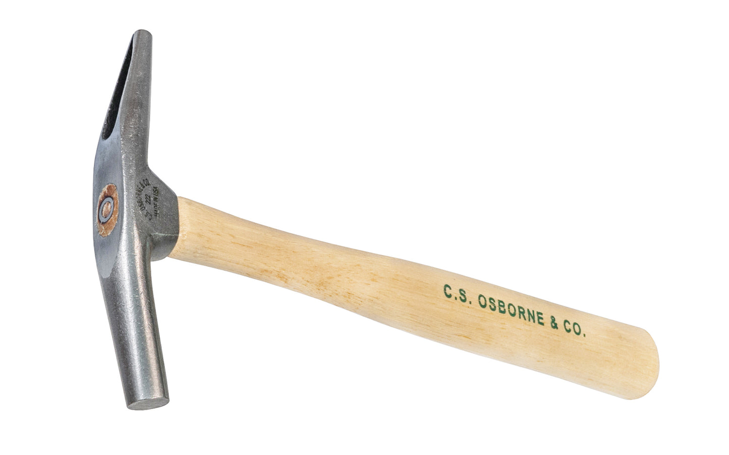 Made in USA · Models No. 222 ~ Split-head magnetic tack hammer made by C.S. Osborne. Forged steel material - One hammer-end has a permanent magnetic embedded - Split End helps when working with small brads, tacks, & nails. A great hammer for leatherwork, furniture & upholstery work - 096685556012 - Polished split-head