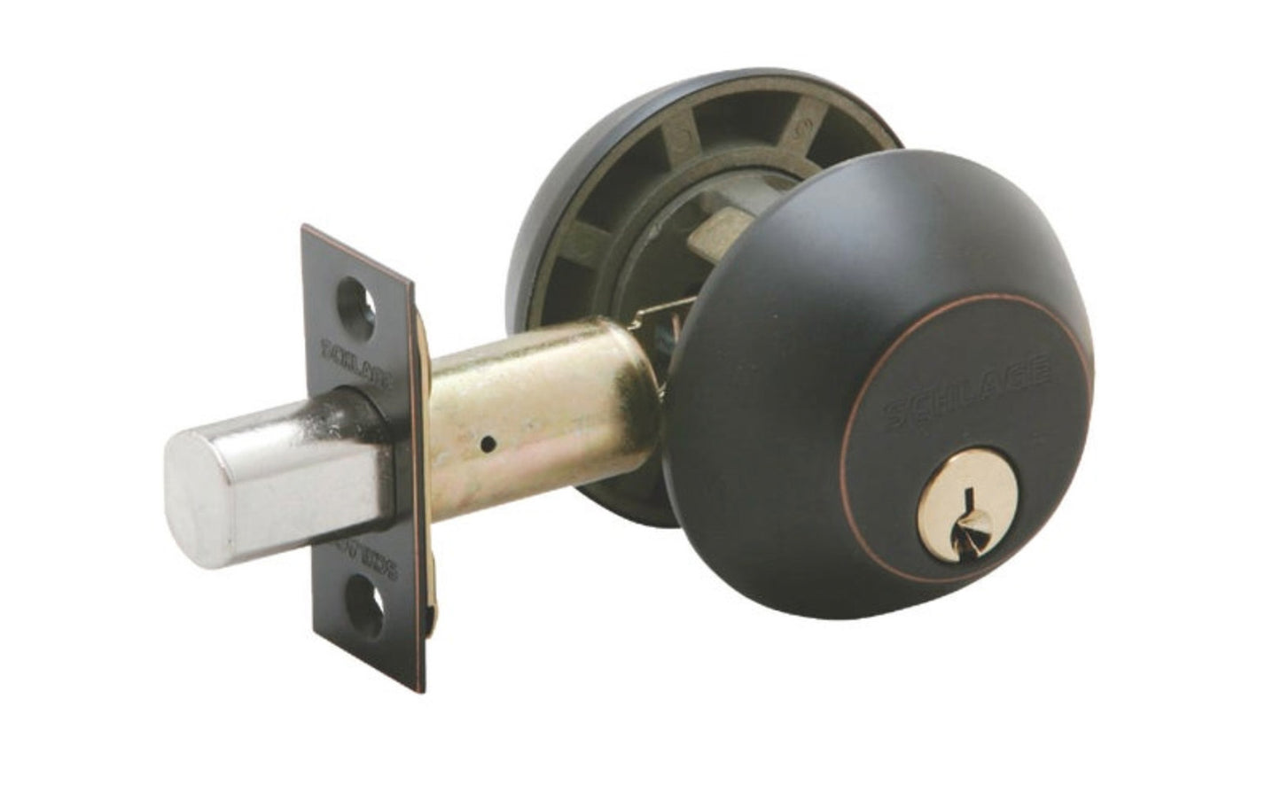 Schlage Double Cylinder Deadbolt. B-series double cylinder deadbolt for exterior doors. Grade 1 security. Features Snap-And-Stay hands-free installation. Deadbolt locked or unlocked by key from exterior or interior. Aged Bronze