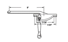 Right-Hand Teardrop Type Casement Operator. Made of Aluminum material. For metal casement window. 9" steel constructed arm. 5/16" spindle, mounts on 3-7/8" or 4-3/4" hole spacings. Contains 1 operator with matching crank handle & mounting screws. Made by Prime Line. 049793035080. Model H 3508.