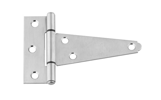 Heavy duty stainless T-hinge is for applications with wide mounting surfaces. Tight pin for right or left hand applications. Rust-resistant; ACQ safe - safe for use with premium woods like cedar & redwood. Bearing design eliminates metal-to-metal contact for smooth, quiet operation. Available in 4", 6", 8" & 10" sizes