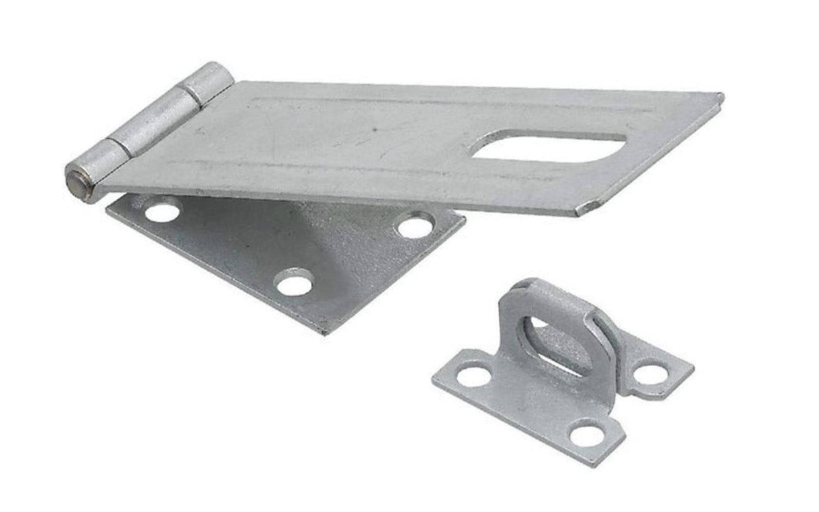 6" galvanized coated steel safety hasp is designed to secure a wide variety of cabinets, small doors, boxes, trunks. Includes a rigid, non-swivel staple. For security, all screws are concealed when hasp is closed. Manufactured from hot rolled steel for durability.  National Hardware Model N102-780. 038613102781. 