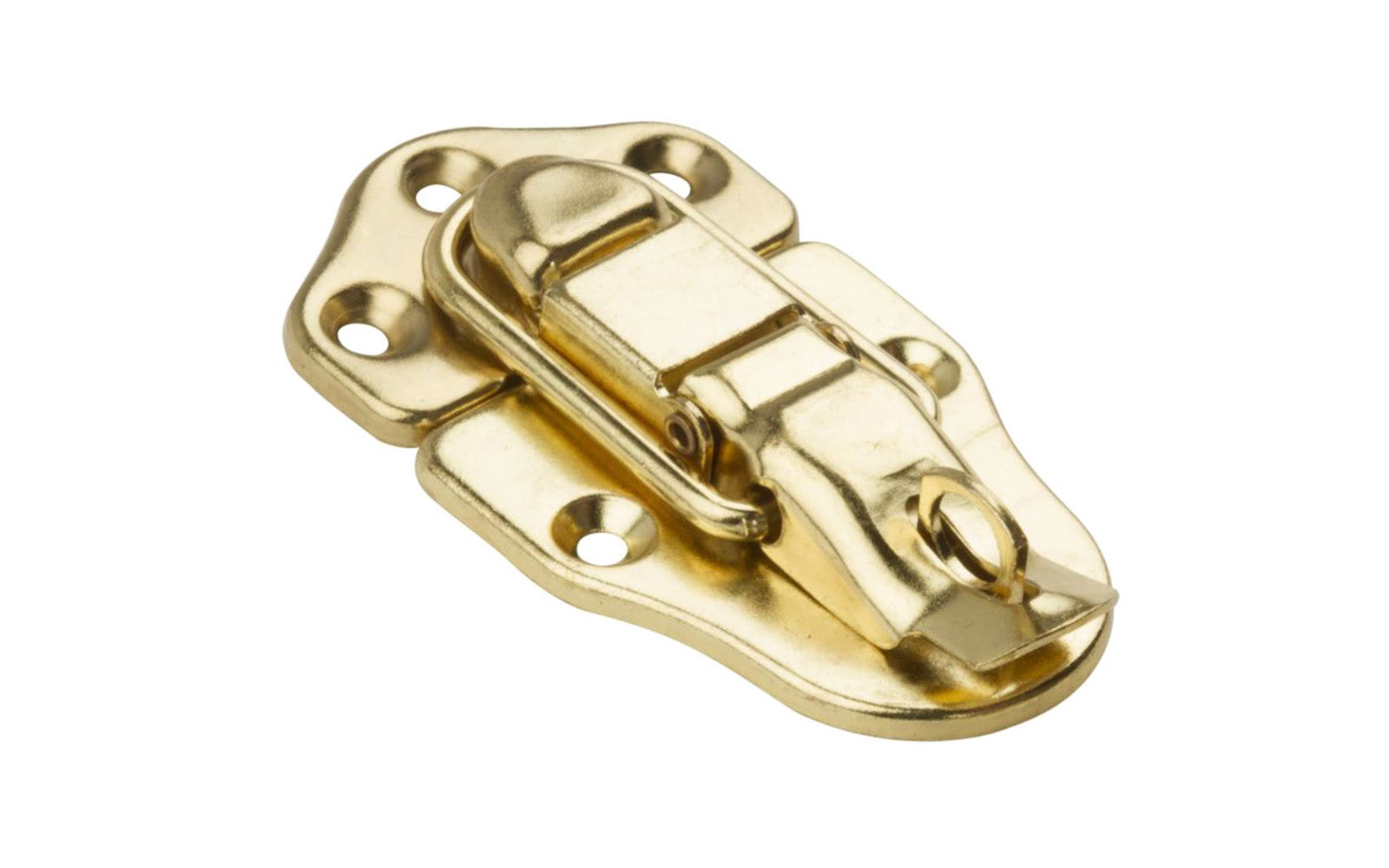 This Brass-Plated Lockable Draw Catch is made of steel material with brass-plated finish. Latch for a tight secure closing. Surface mount. Use to secure trunks, chests, cases, tool boxes, & other items. 1-3/4