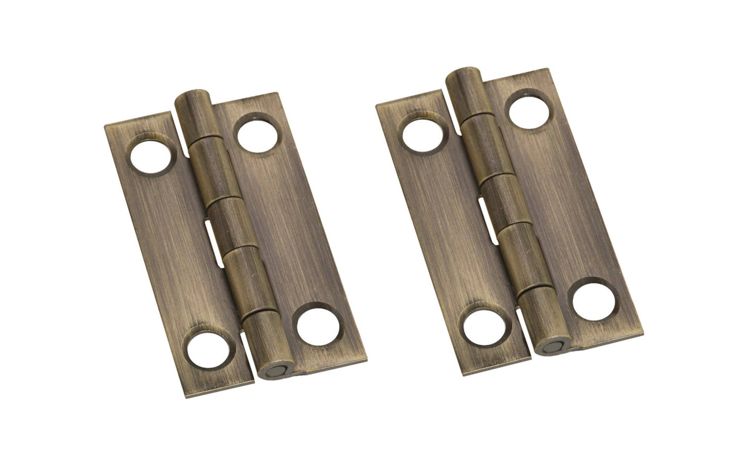1-1/2" x 7/8" Antique Brass Hinges ~ 2 Pack ~ Antique brass hinges add a decorative appearance to small boxes, jewelry boxes, small lightweight cabinet doors, craft projects. Made of solid brass material with an antique brass finish. 1-1/2" high x 7/8" wide. Surface mount. Non-removable pin. Pair of hinges. 2 Pack. National Hardware Model No. N211-227. 