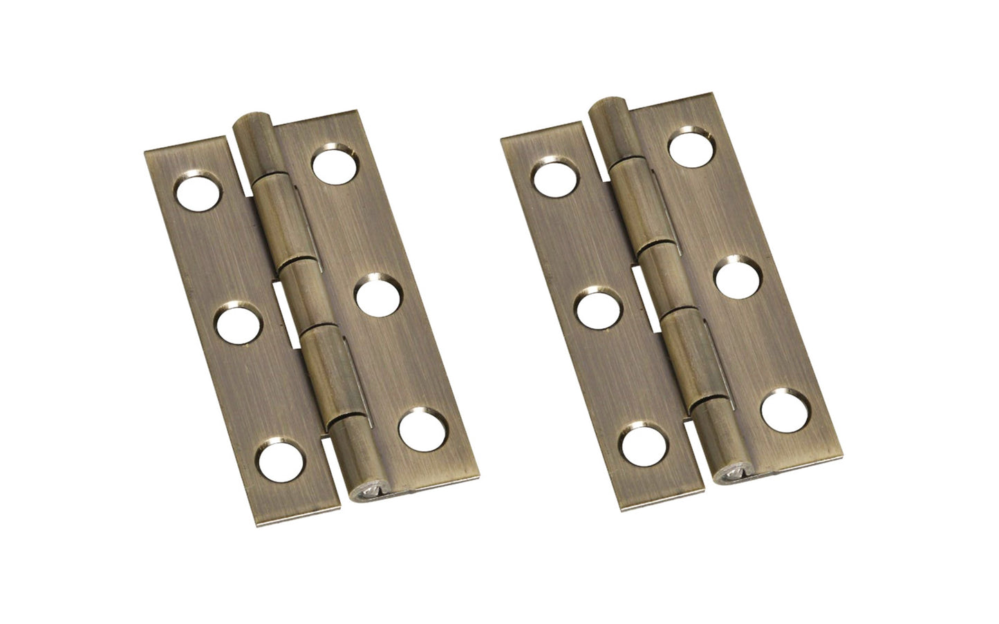 2" x 1" Antique Brass Hinges ~ 2 Pack. These antique brass hinges add a decorative appearance to small boxes, jewelry boxes, small lightweight cabinet doors, craft projects. Solid brass material with an antique brass finish. Surface mount. Non-removable pin. Pair of hinges. National Hardware Model No. N211-243. 