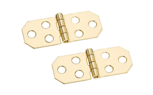 These solid brass hinges are designed to add a decorative appearance to small boxes, jewelry boxes, small lightweight cabinet doors, craft projects, etc. Made of solid brass material with a bright brass finish. 3/4" high x 1-13/16" wide. Surface mount. Non-removable pin. Sold as a pair of hinges. National Hardware Model No. N211-862. 
