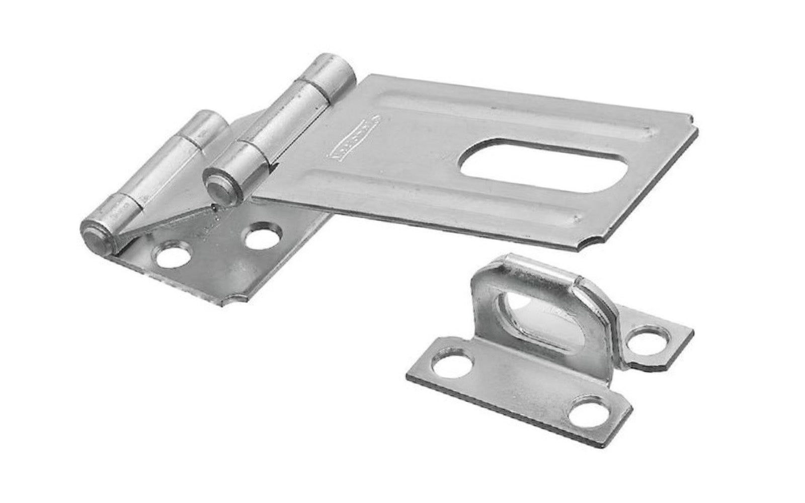 This 3-1/4" zinc-plated double hinge safety hasp is designed for around-the-corner on doors, lockers, chests, tool boxes, etc. For security, all screws are concealed when hasp is closed. Ribbed design for extra strength. Includes a rigid, non-swivel staple.  National Hardware Model N103-259. 038613103252. 