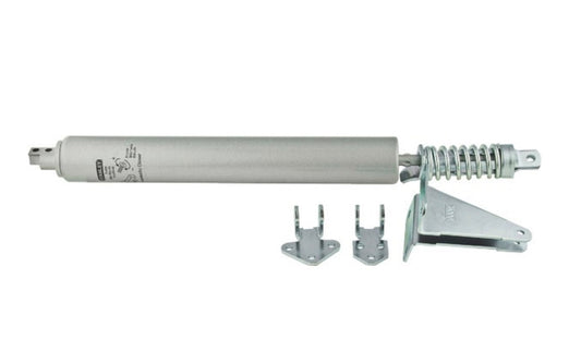 Shock-Absorbing Storm / Screen Door Closer. Pneumatic outswinging screen door closer has an adjustable closing speed & 90 degree open arm. Made of steel material. Sold as one per pack. Made by National Hardware. Model N184-770. Aluminum finish. Spring cushioning helps prevent wind damage