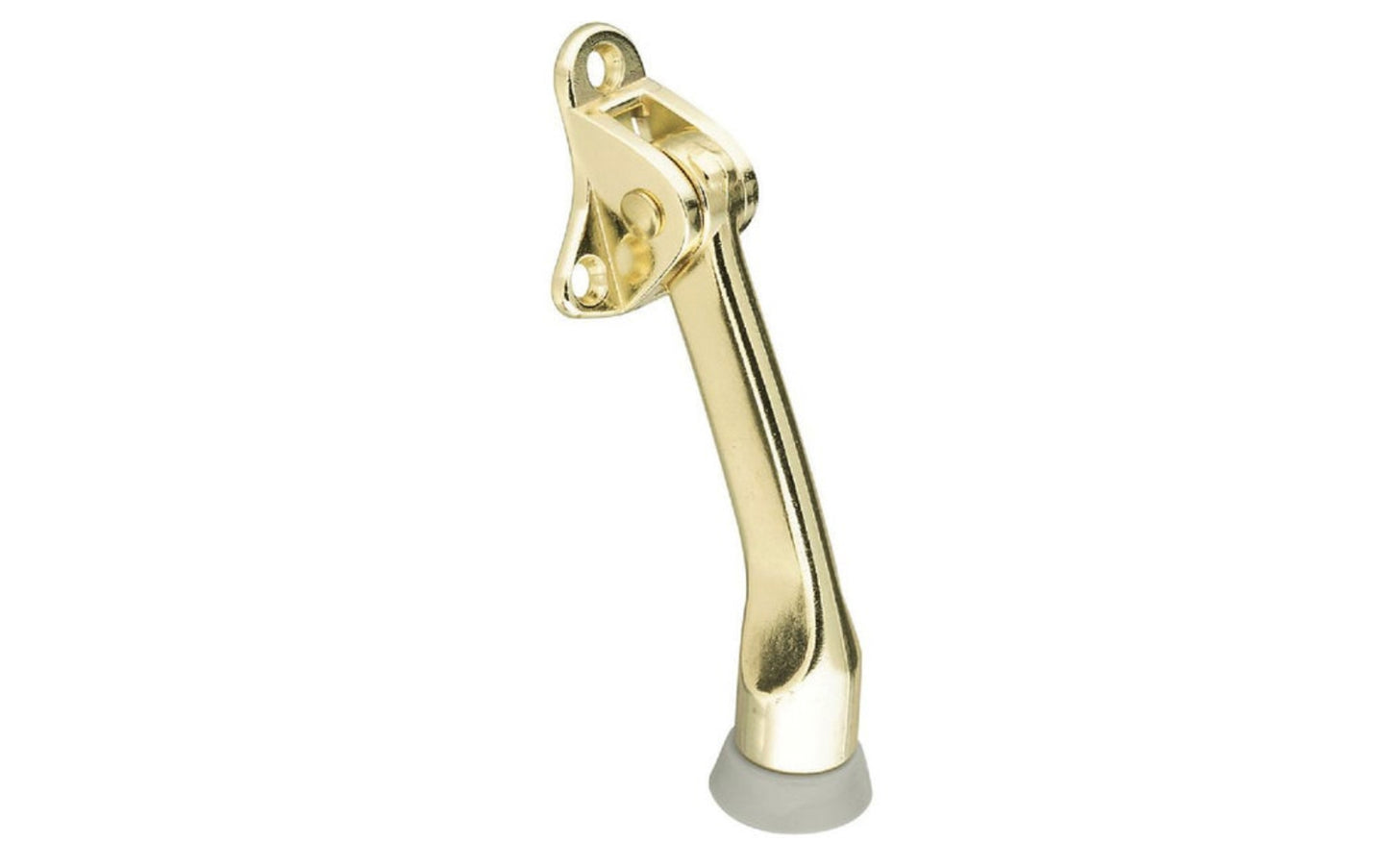 4" Kickdown Door Holder. Used to prevent damage to the wall, the stop locks in the up position to allow the door to open freely. The ribbed rubber foot is for positive holding. Spring design holds the stop in the up position. Die-cast Zinc body. Made by National Hardware. Brass Finish