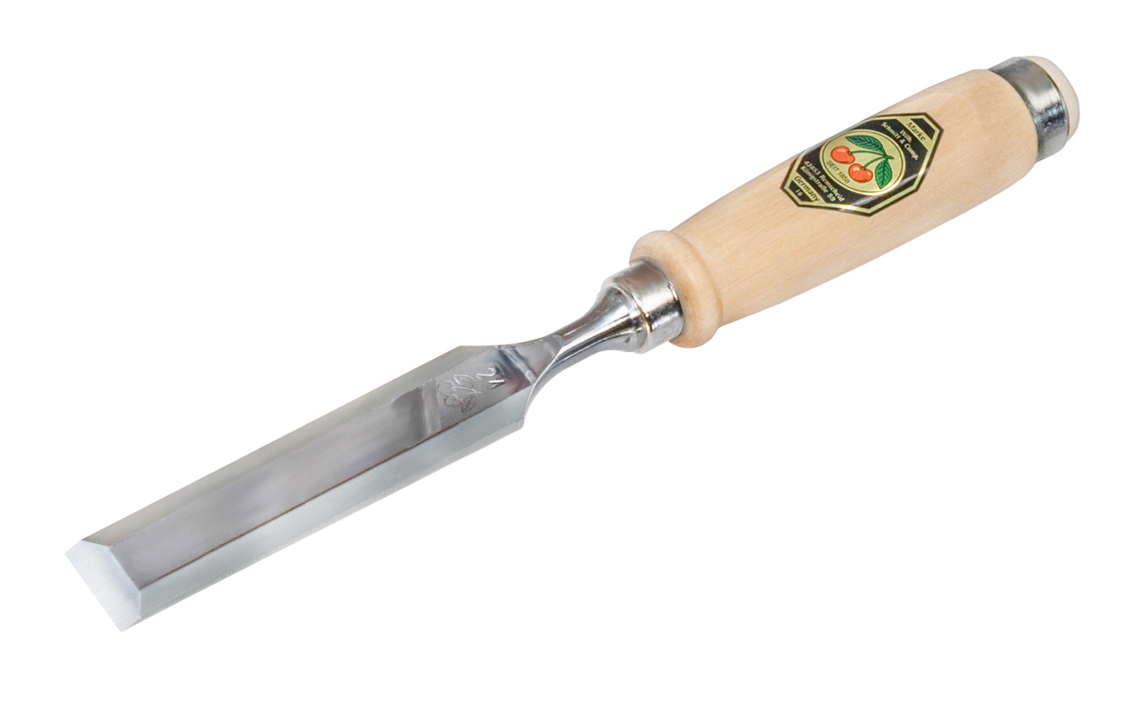 Made in Germany ~ Two Cherries · 1001 series ~ high carbon steel ~ Tempered to Rc61 Rockwell ~ Varnished flat Hornbeam handle - Stechbeitel - Firmer Chisel - short length, light pattern, bevelled edges, Flat hornbeam handle - bevel edge - steel ferrule ~ Use with mallets - 24 mm - 24MM Wide - 4016649101554 - 1001/024