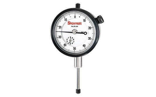 The Starrett 25 Series Dial Indicator has a shockless, hardened steel gear train and jewel bearings, except where noted. It is furnished with a lug-on-center back. Antimagnetic mechanism is optional for all models. .500" Range, Dial Reading 0-50-0, .001" Grad.   Made in USA.