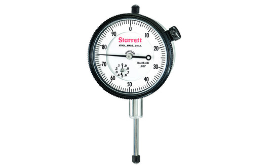 Starrett Dial Indicator - 25-441J. The Starrett 25 Series Dial Indicator has a shockless, hardened steel gear train and jewel bearings, except where noted. It is furnished with a lug-on-center back. Antimagnetic mechanism is optional for all models. 1.000" Range, Dial Reading 0-100, .001" Grad.   Made in USA.