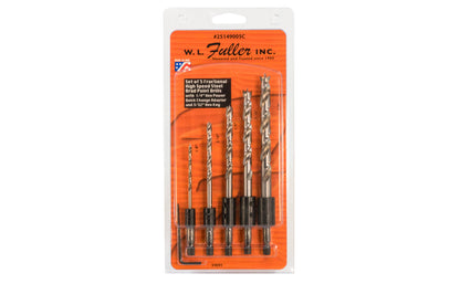 WL Fuller 5-PC SAE Brad Point Drill Bit Set with Quick Change ~ 25149005C. Set of five HSS brad point drill bits with quick change adapter ends. Designed for wood material. Spurs continue to sheer the wood while drilling. SAE fractional sizes: 1/8", 3/16", 1/4", 5/16", 3/8". 5 piece set. Model 25149005C. 807200554094