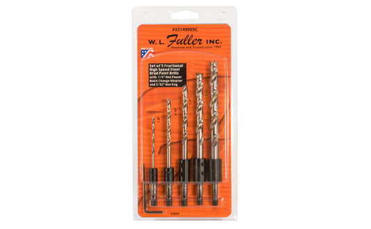 WL Fuller 5-PC SAE Brad Point Drill Bit Set with Quick Change ~ 25149005C. Set of five HSS brad point drill bits with quick change adapter ends. Designed for wood material. Spurs continue to sheer the wood while drilling. SAE fractional sizes: 1/8", 3/16", 1/4", 5/16", 3/8". 5 piece set. Model 25149005C. 807200554094