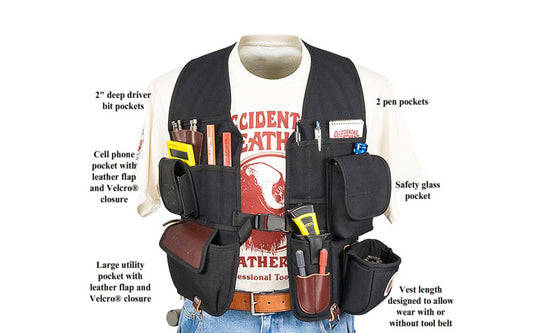 Occidental Leather "Builders' Vest" tool carrying system is loaded with tool holders & pockets. Comes with one No. 2003 "Pocket Shield" (for sharp knife or chisel). Can be worn as an independent vest tool carry system. Ideal organization No. 2535. Made of industrial nylon material & genuine leather. 759244223309